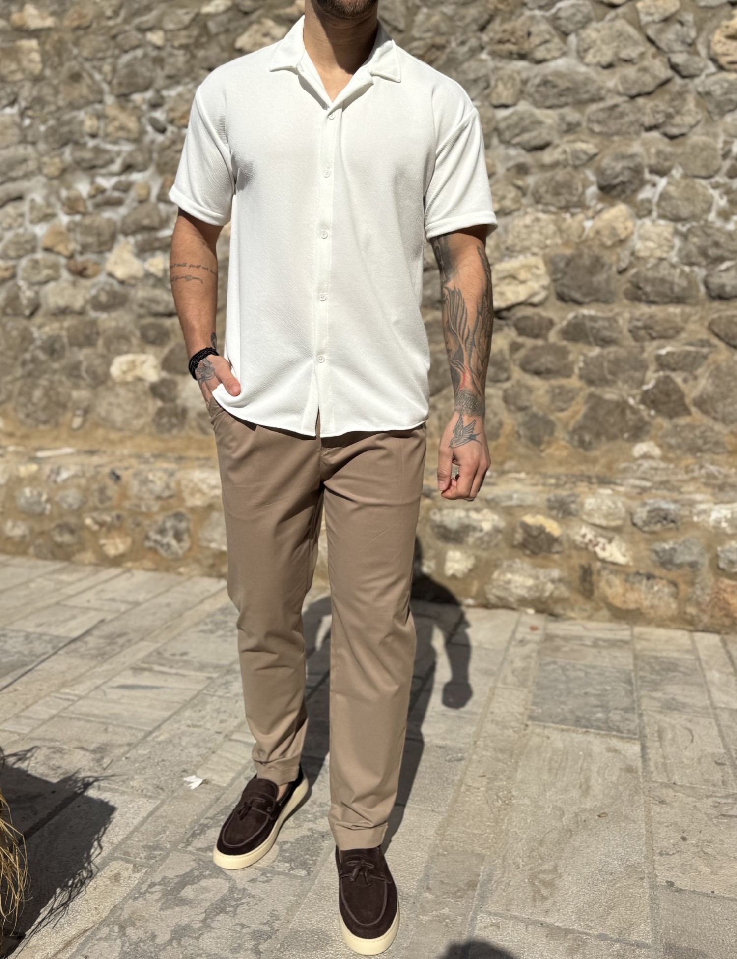 Ανδρικό γκοφρέ λευκό oversized κοντομάνικο πουκάμισο RMZ19138 φωτογραφία